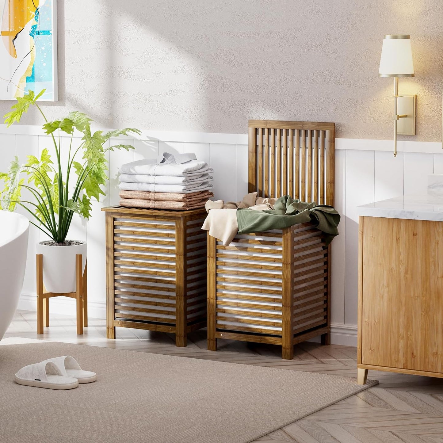 SMIBUY Double Laundry Hamper with Lid, 120L Bamboo Laundry Basket with Removable Liner Bag, 2-Section Clothes Divider Laundry Sorter for Laundry Room, Bathroom, Bedroom (Walnut) - NestledHome