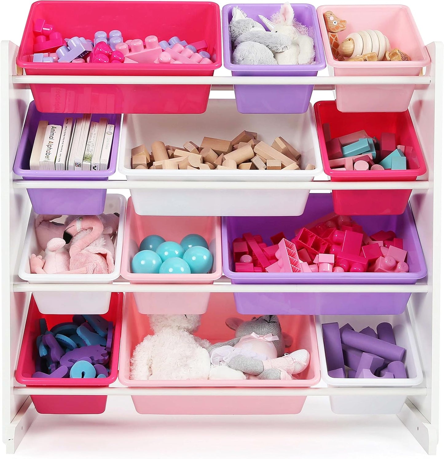 Humble Crew Kids Toy Storage Organizer with 12 Plastic Bins, White/Pink/Purple – Removable Bins for Playroom, Bedroom, Toddler Furniture for Boys and Girls Ages - NestledHome
