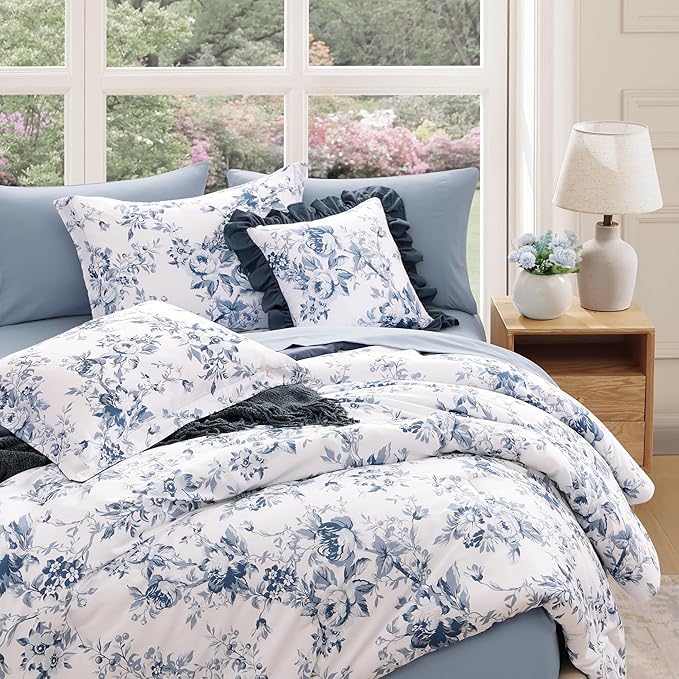 Oversized King Comforter Set -7 Pieces Floral Rain Washed Bedding Set for All Seasons, Bed in a Bag with Botanical Flowers Comforter, Sheets, Pillowcases & Shams