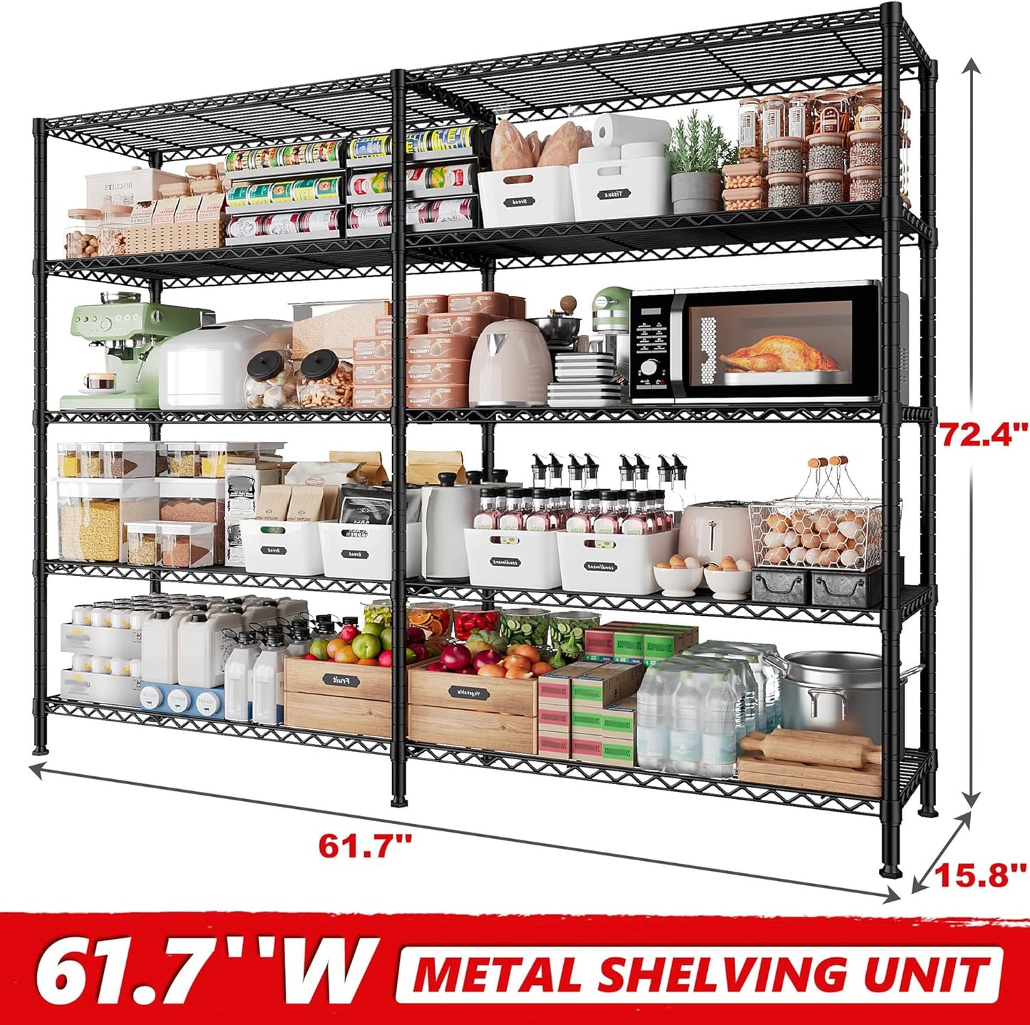 REIBII 1500LBS Storage Shelves Metal Shelving Unit 61.7''W Wire Shelving, 5 Tier Pantry Shelves Kitchen Shelves Adjustable Wire Shelf for Garage Shelving Heavy Duty, 61.7" W*72.4" H*15.8" D - NestledHome