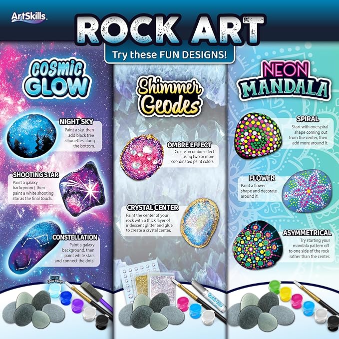 ArtSkills Rock Painting Kit - 18 Rocks - Geode, Mandala & Glow in the Dark Rock Painting, Arts and Crafts for Kids