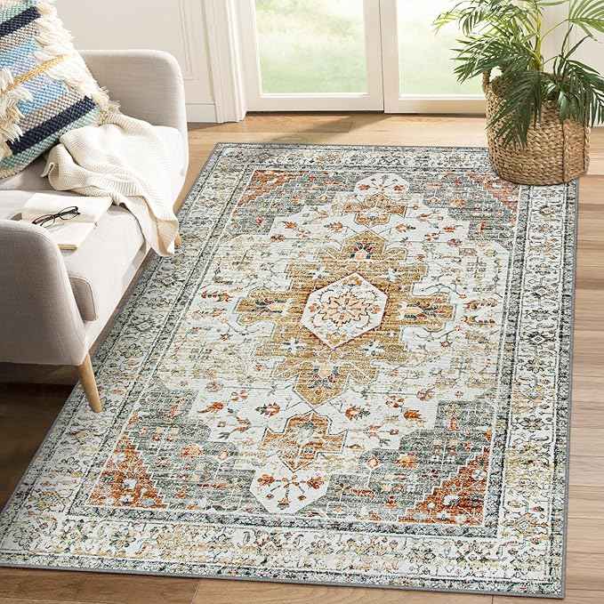 Moynesa Ultra-Thin Washable Area Rug - 4x6 Vintage Living Room Rugs Non-Shed Non Slip, Oriental Low Pile Indoor Accent Floor Carpet for Bathroom Bedroom Laundry Mudroom Entrance, Beige/Gold