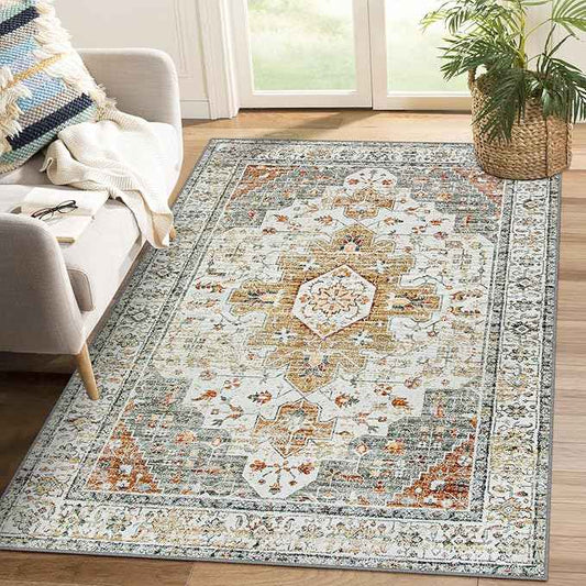 Moynesa Ultra-Thin Washable Area Rug - 4x6 Vintage Living Room Rugs Non-Shed Non Slip, Oriental Low Pile Indoor Accent Floor Carpet for Bathroom Bedroom Laundry Mudroom Entrance, Beige/Gold