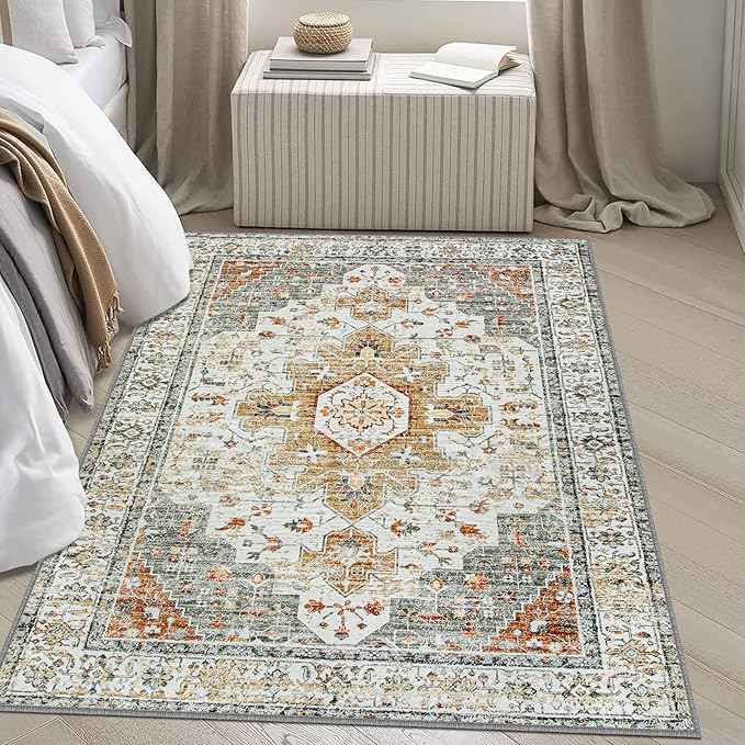 Moynesa Ultra-Thin Washable Area Rug - 4x6 Vintage Living Room Rugs Non-Shed Non Slip, Oriental Low Pile Indoor Accent Floor Carpet for Bathroom Bedroom Laundry Mudroom Entrance, Beige/Gold