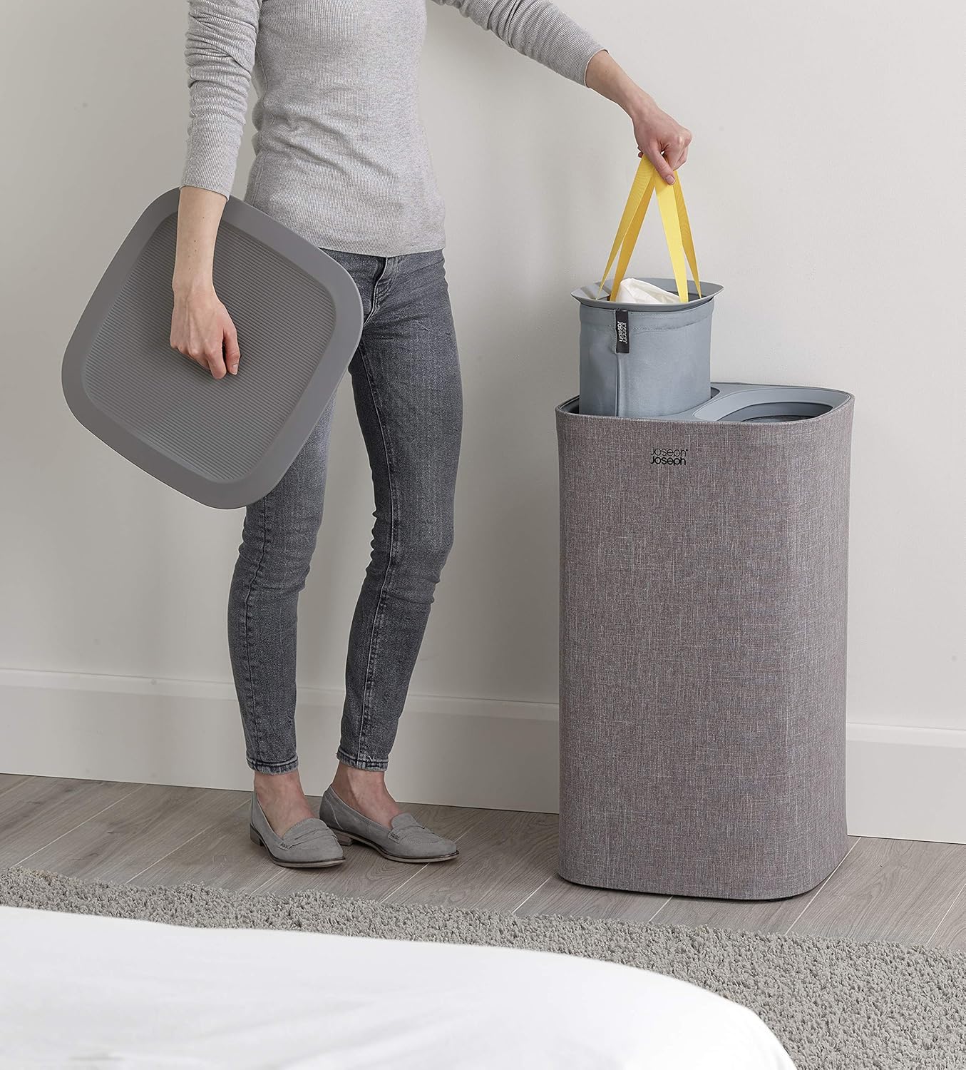 Joseph Joseph Tota 60 liter/15.8 gallon Laundry Hamper Separation Basket with lid, 2 Removable Washing Bags with Handles- Grey - NestledHome