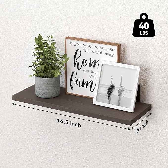 WOPITUES Wood Floating Shelves Set of 6, Shelves for Wall Decor, Farmhouse Shelf for Bedroom, Bathroom Storage Shelves, Book Shelves for Living Room, Dark Brown