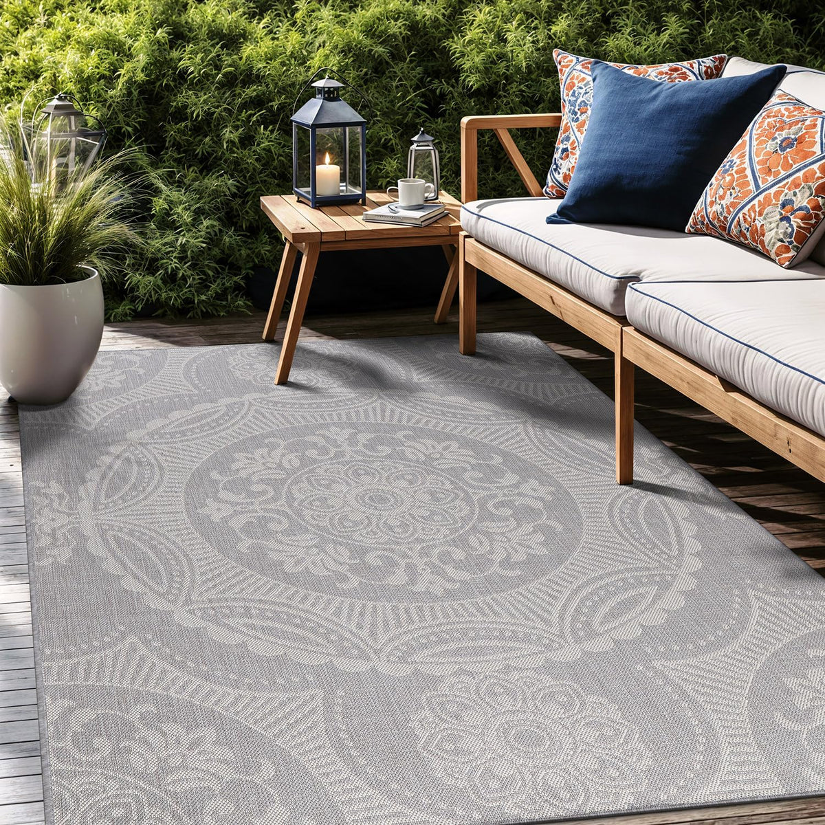 Medallion Outdoor Rug 10x14 Washable Outside Carpet for Indoor Patio Porch Waterproof Easy Cleaning Non Shedding Area Rugs Gray 10 x 14