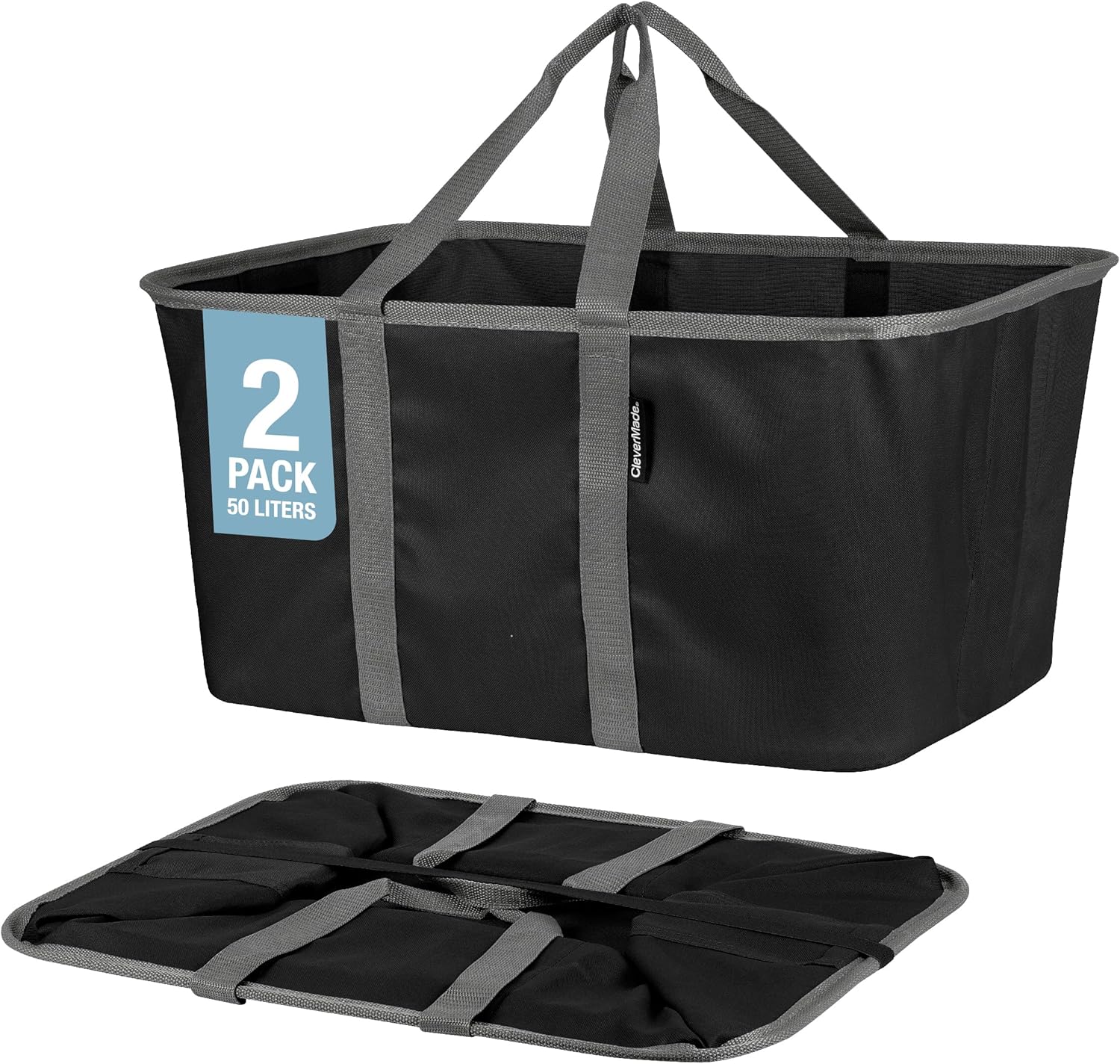 CleverMade Collapsible Laundry Tote - Midnight Black Shadow Gray 2-Pack 50L - Foldable Storage Organization Container for Clothes Laundry Room Storage - NestledHome