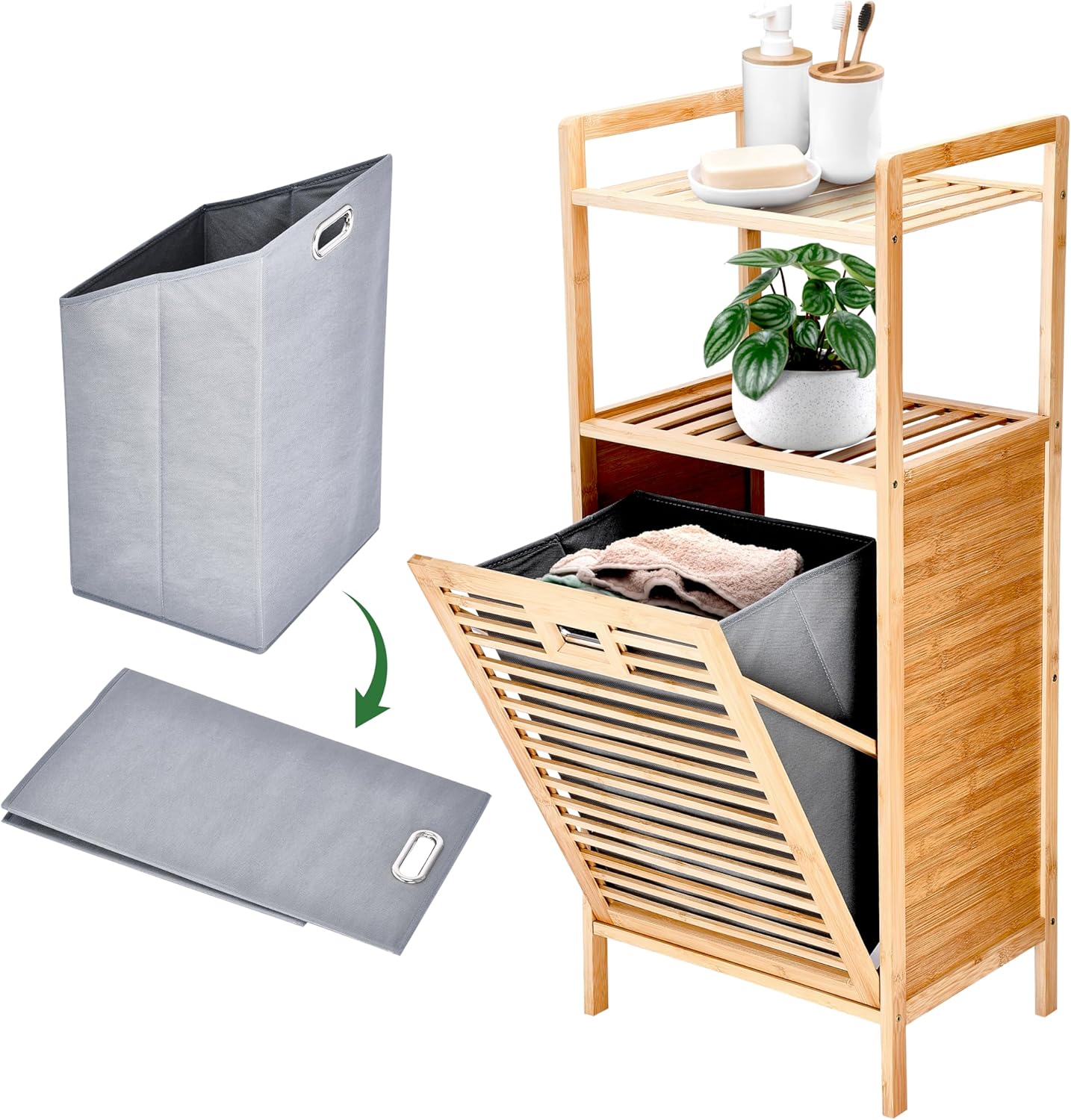 Prosumer’s Choice Bamboo Tilt-Out Laundry Hamper with 2-Tier Storage Shelves – Freestanding Clothes Hamper with Removable Liner, Space-Saving Design for Bathroom or Bedroom – 15.5”L x 11.8”W x 37.4”H - NestledHome