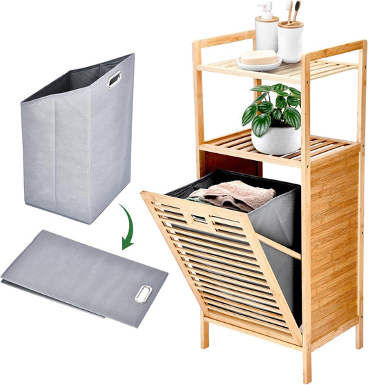 Prosumer’s Choice Bamboo Tilt-Out Laundry Hamper with 2-Tier Storage Shelves – Freestanding Clothes Hamper with Removable Liner, Space-Saving Design for Bathroom or Bedroom – 15.5”L x 11.8”W x 37.4”H - NestledHome