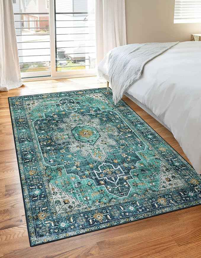 Moynesa Ultra-Thin Washable Vintage Area Rug - 3x5 Boho Entry Throw Rug Non-Slip Oriental Medallion Bedroom Mat Non-Shedding Indoor Floor Carpet for Living Laundry Room, Teal/Mutil