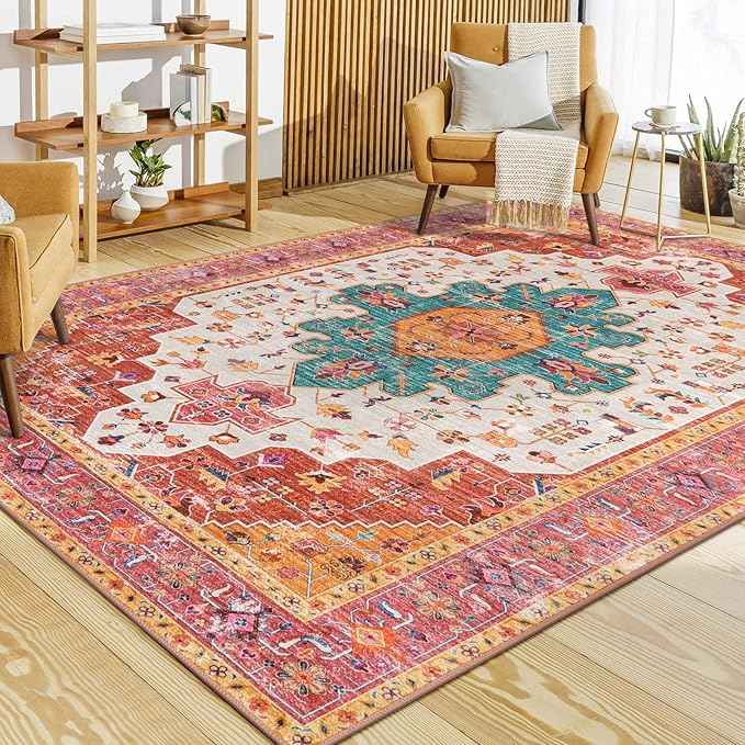 Moynesa Ultra-Thin Pink Area Rug - 9x12 Large Bedroom Rugs for Living Room Non-Slip Non-Shedding Dining Room Mat, Vintage Indoor Floor Carpet for Girls Nursery Playroom Office
