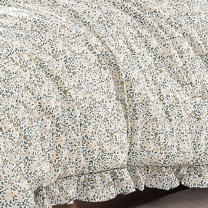 Twin XL Comforter Set - 5 Pieces Ruffle Beige Ditzy Bedding Sets, Shabby Chic Farmhouse Bed in a Bag Twin XL with Floral Comforter, Sheets, Pillowcase & Sham