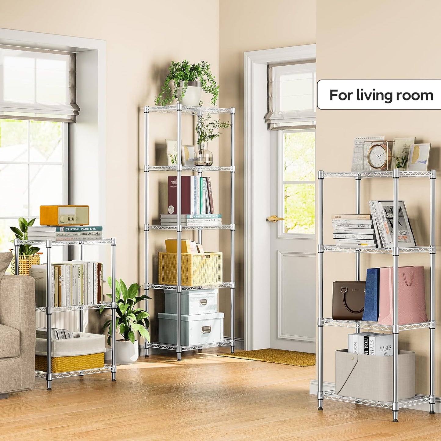 5 Tiers Shelf Metal Storage Shelves Wire Rack Closet Organizers with Wheel for Garage Kitchen Bathroom Laundry Chrome 11.8" D x 17.7" W x 55" H - NestledHome