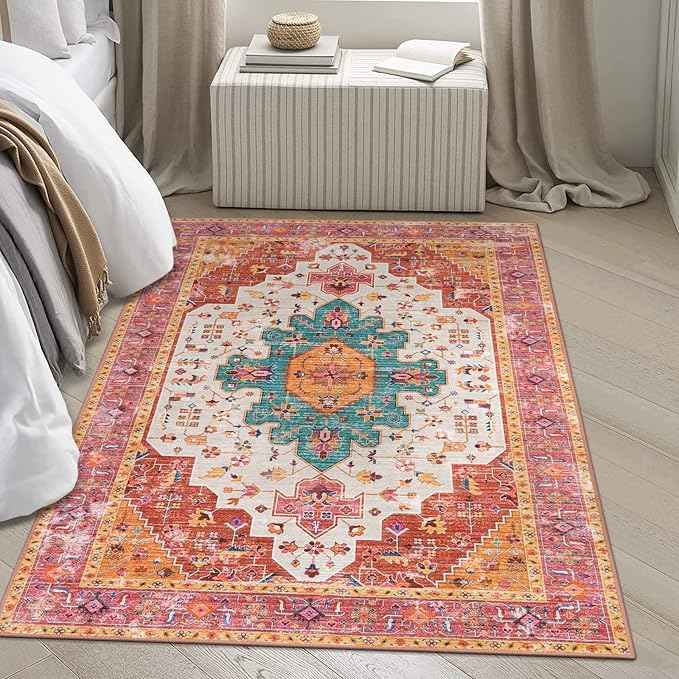 Moynesa Ultra-Thin Washable Area Rug - 4x6 Pink Rugs for Bedroom Girls Vintage Rug for Living Room, Non Slip Non Shedding Low Pile Indoor Throw Carpet for Nursery Office Entryway Kitchen Foyer