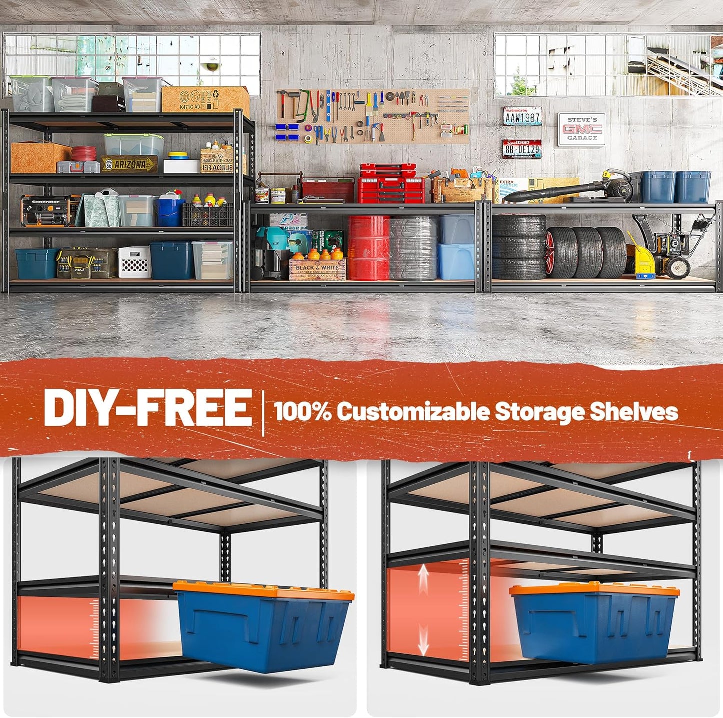 REIBII 48" W Garage Shelving Heavy Duty 2550 LBS Storage Shelves 4 Tier Heavy Duty Shelving, Adjustable Metal Shelves, Industrial Shelf for Garage, Warehouse, Pantry, 48" W x 60" H x 24" D - NestledHome