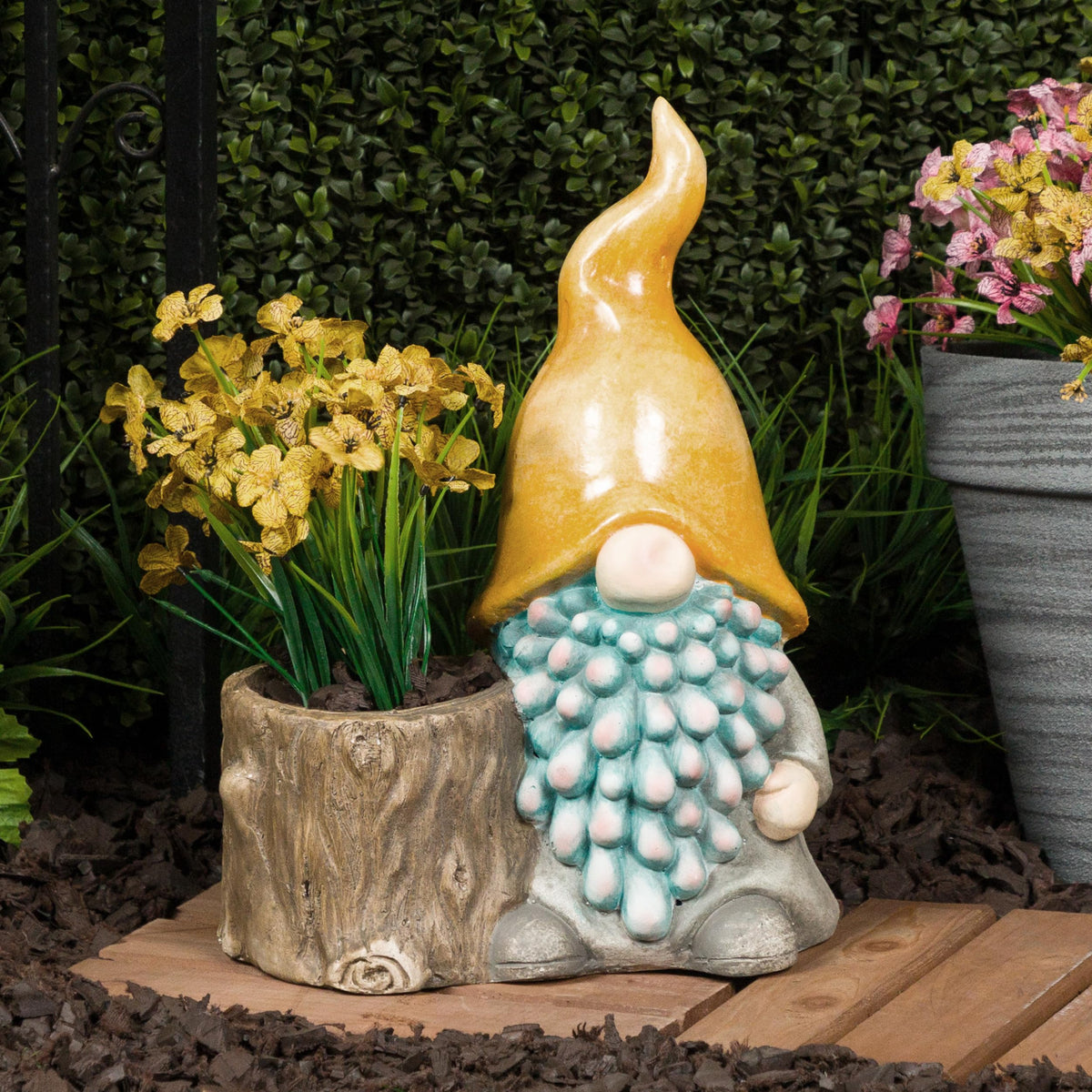 16" Tall Outdoor Yellow Hat Gnome Statue with Drainage Hole Planter