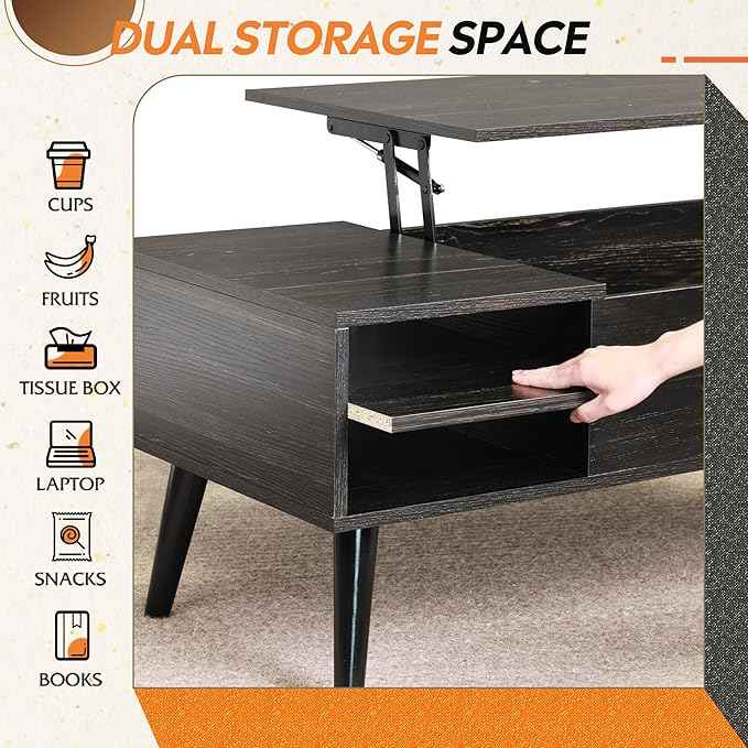 WLIVE Wood Lift Top Coffee Table with Hidden Compartment and Adjustable Storage Shelf, Lift Tabletop Dining Table for Home Living Room, Office, Charcoal Black