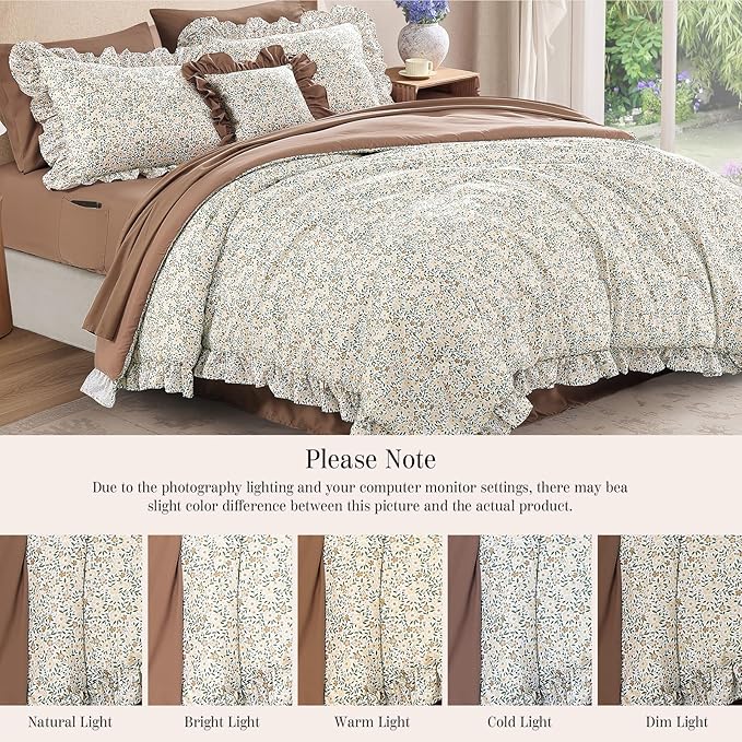 Twin XL Comforter Set - 5 Pieces Ruffle Beige Ditzy Bedding Sets, Shabby Chic Farmhouse Bed in a Bag Twin XL with Floral Comforter, Sheets, Pillowcase & Sham