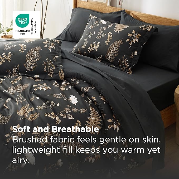 Bedsure Black Full Comforter Set - 7 Pieces Floral Bedding Sets Full Bed in a Bag with Reversible Botanical Flowers Comforter, Sheets, Pillowcases & Shams
