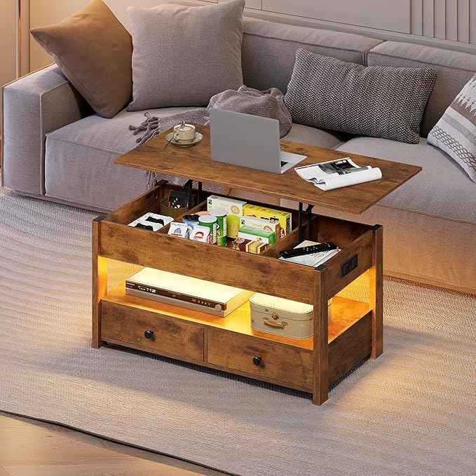 WLIVE Coffee Table, Lift Top Coffee Table with Drawers, LED Light, Large Storage and Open Shelf, Lift Tabletop for Living Room, Rustic Brown