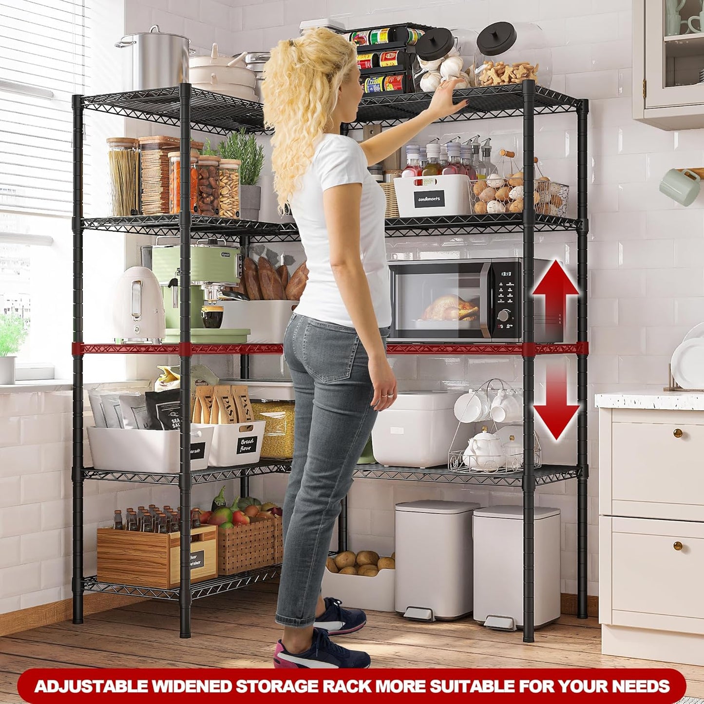 REIBII 5 Tier Wire Shelving Storage Shelves Loads 1430LBS, 58" W Metal Shelving Unit for Storage Adjustable Heavy Duty Garage Shelving Pantry Shelves Kitchen Shelving, Black, 2 Pack - NestledHome
