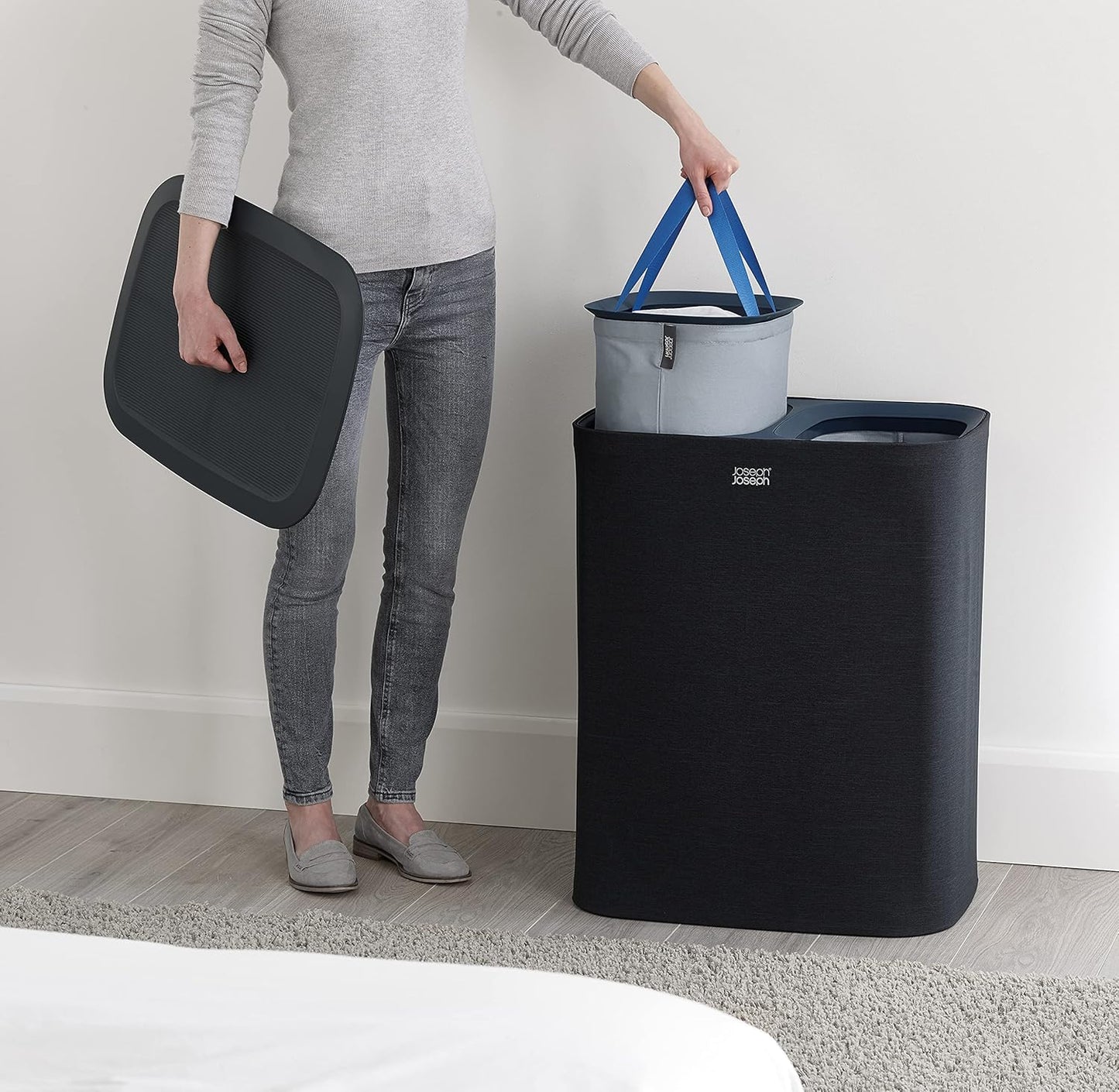 Joseph Joseph Tota 90 liter/23.8 gallon Laundry Hamper Separation Basket with lid, 2 Removable Washing Bags with Handles - Black - NestledHome