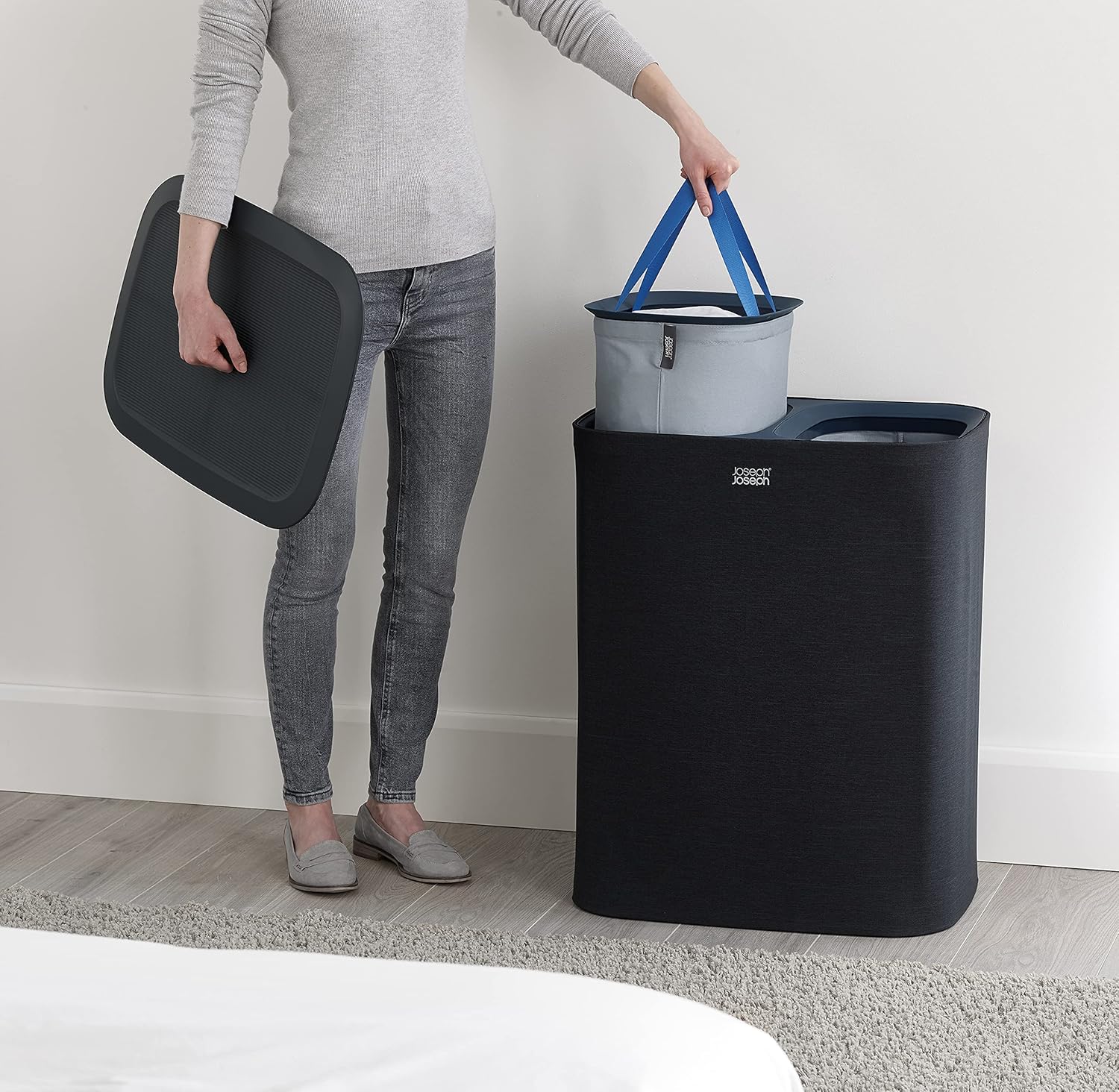 Joseph Joseph Tota 90 liter/23.8 gallon Laundry Hamper Separation Basket with lid, 2 Removable Washing Bags with Handles - Black - NestledHome