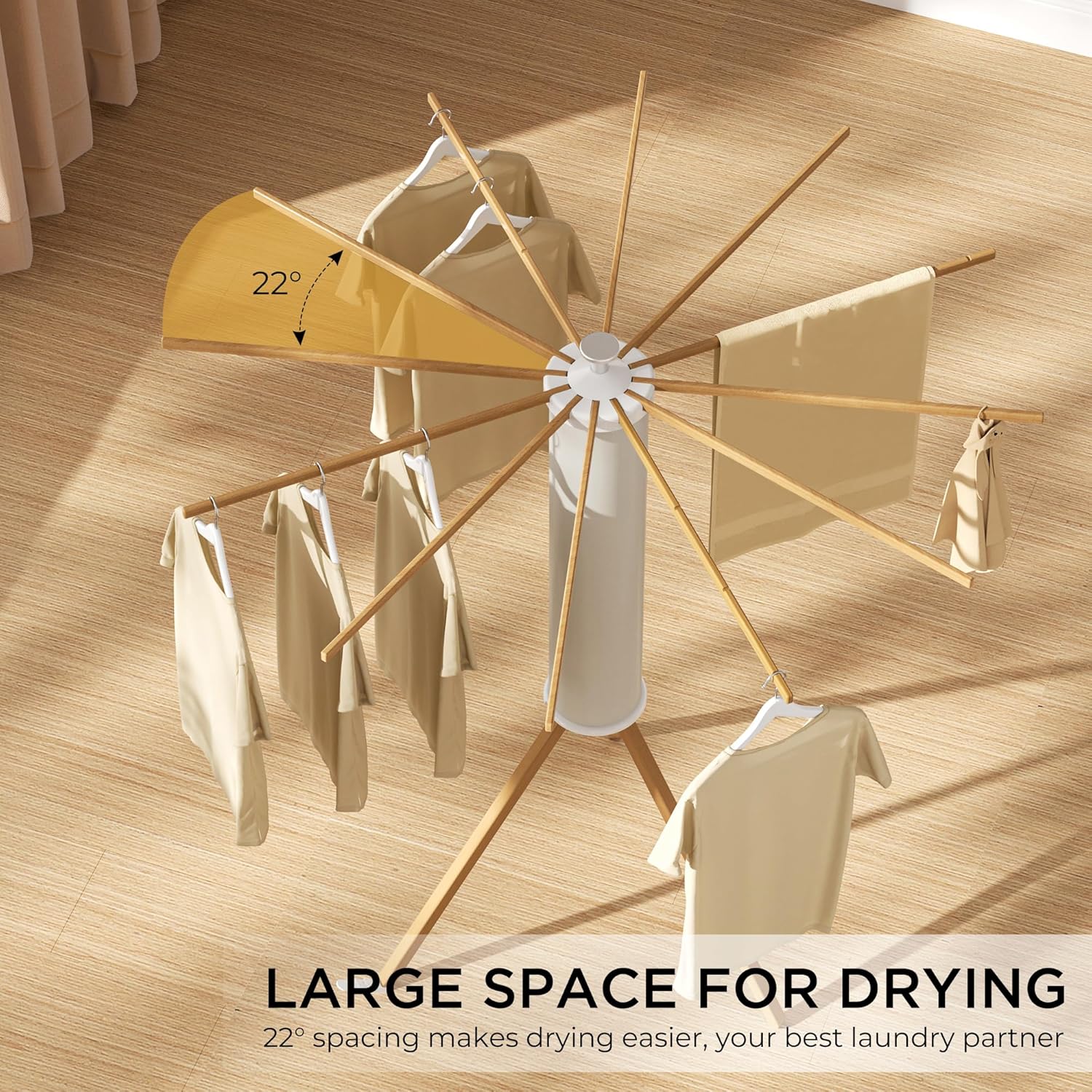 Tripod Clothes Drying Rack, Garment Rack Portable and Foldable Space Saving Laundry Drying Rack - Dryer Rack Clothing Floor Folding Balcony Bedroom Household (Beige(Wood), 12 rods) - NestledHome