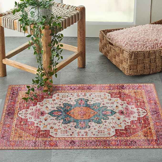Moynesa Ultra-Thin Washable Runner Rug - Pink 2x4 Bedroom Bathroom Rug Runner Non-Slip Kitchen Rugs, Vintage Stain Resistance Low Pile Entryway Carpet Runner for Hallway Laundry Room