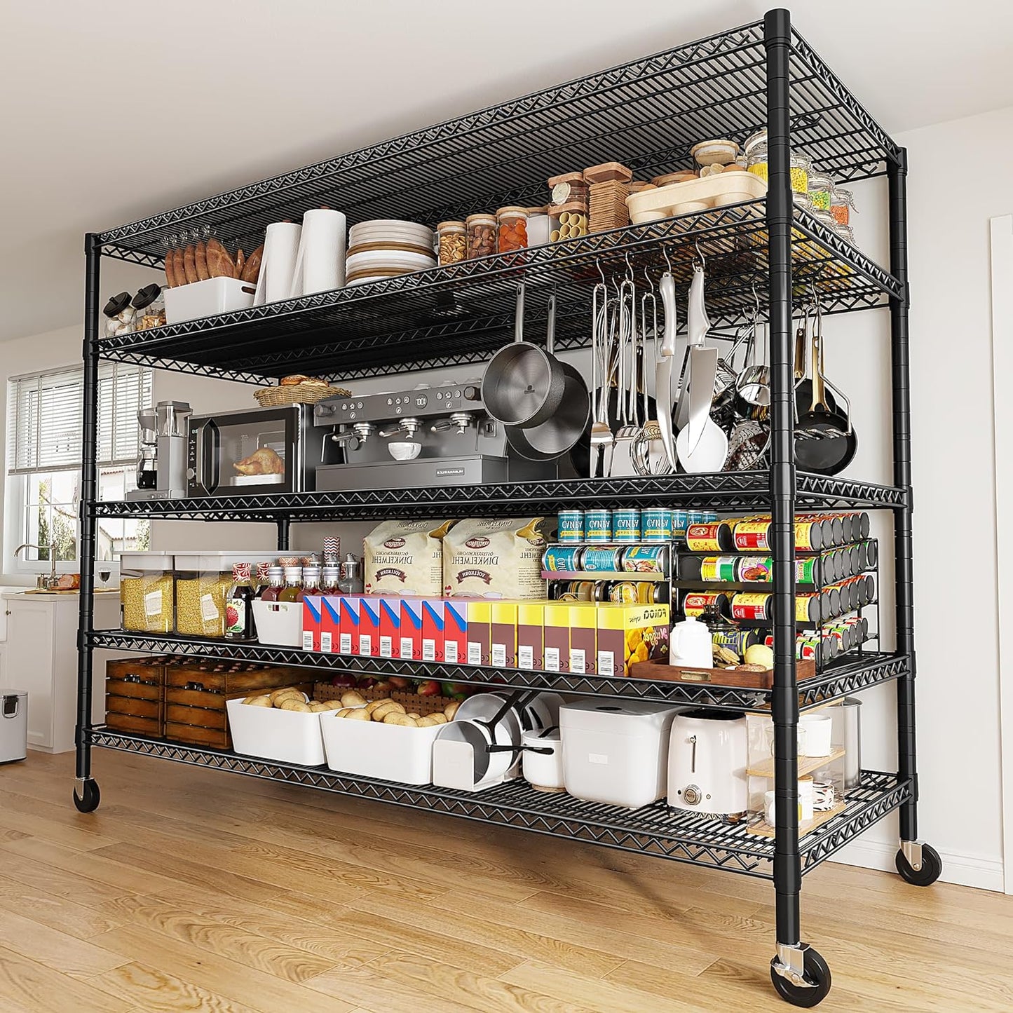 REIBII 85.7"H Storage Shelves 2998LBS Metal Shelving Units with Wheels&Feet, 5 Tier Garage Shelving Heavy Duty Adjustable Wire Shelf for Pantry Garage Commercial Industrials, 85.7"H X 55.5"W X 24.2"D - NestledHome