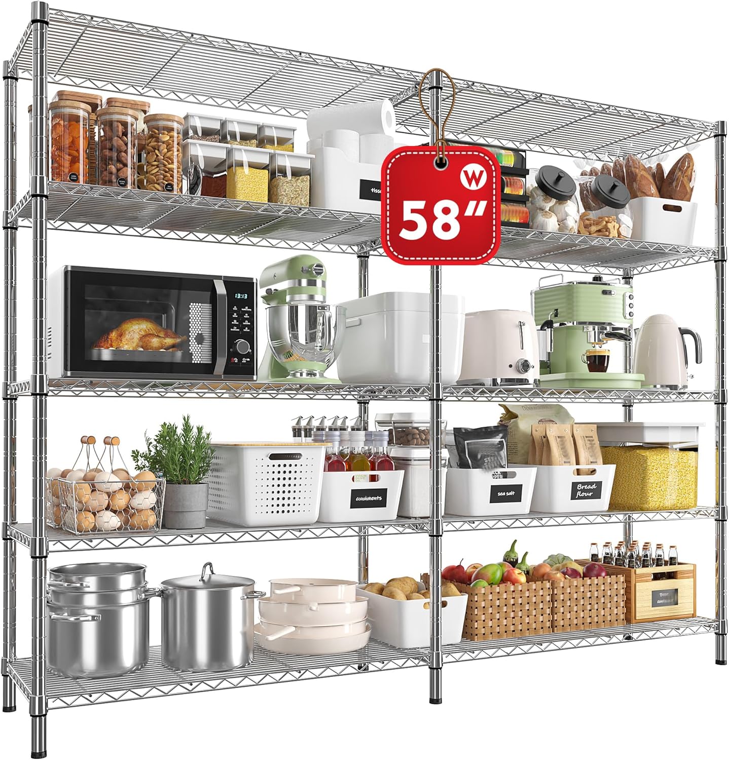 REIBII 58" W 5 Tier Heavy Duty Wire Shelving Unit with Adjustable Shelves - 1400LB Metal, Chrome - 58" W x 59" H x 13.8" D - Garage, Pantry, Kitchen - NestledHome