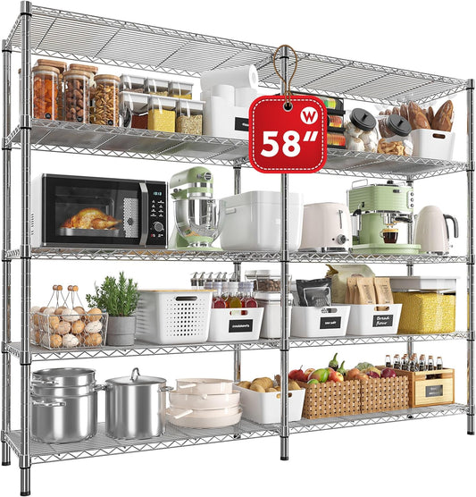 REIBII 58" W 5 Tier Heavy Duty Wire Shelving Unit with Adjustable Shelves - 1400LB Metal, Chrome - 58" W x 59" H x 13.8" D - Garage, Pantry, Kitchen - NestledHome
