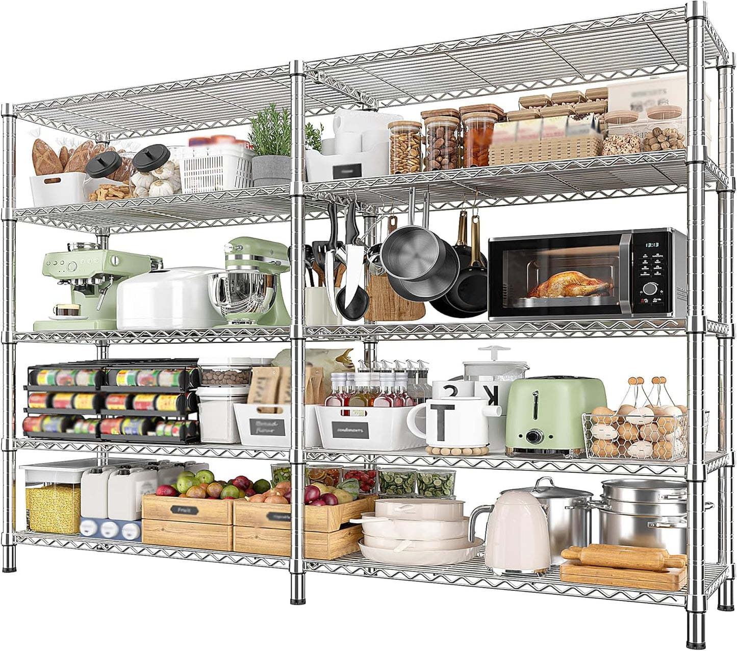 REIBII 1500LBS Storage Shelves 61.7''W Wire Shelving Unit 5 Tier Metal Shelving for Storage Rack Shelves Heavy Duty Garage Shelf Pantry Shelves Kitchen Shelving, 61.7" W*72.4" H*15.8" D, Chrome - NestledHome