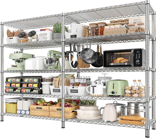 REIBII 1500LBS Storage Shelves 61.7''W Wire Shelving Unit 5 Tier Metal Shelving for Storage Rack Shelves Heavy Duty Garage Shelf Pantry Shelves Kitchen Shelving, 61.7" W*72.4" H*15.8" D, Chrome - NestledHome