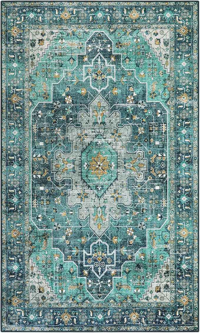 Moynesa Ultra-Thin Washable Vintage Area Rug - 5x7 Large Living Room Rug Boho Oriental Medallion Bedroom Mat Non-Slip Non-Shedding Dining Room Floor Carpet for Home Office, Teal/Mutil