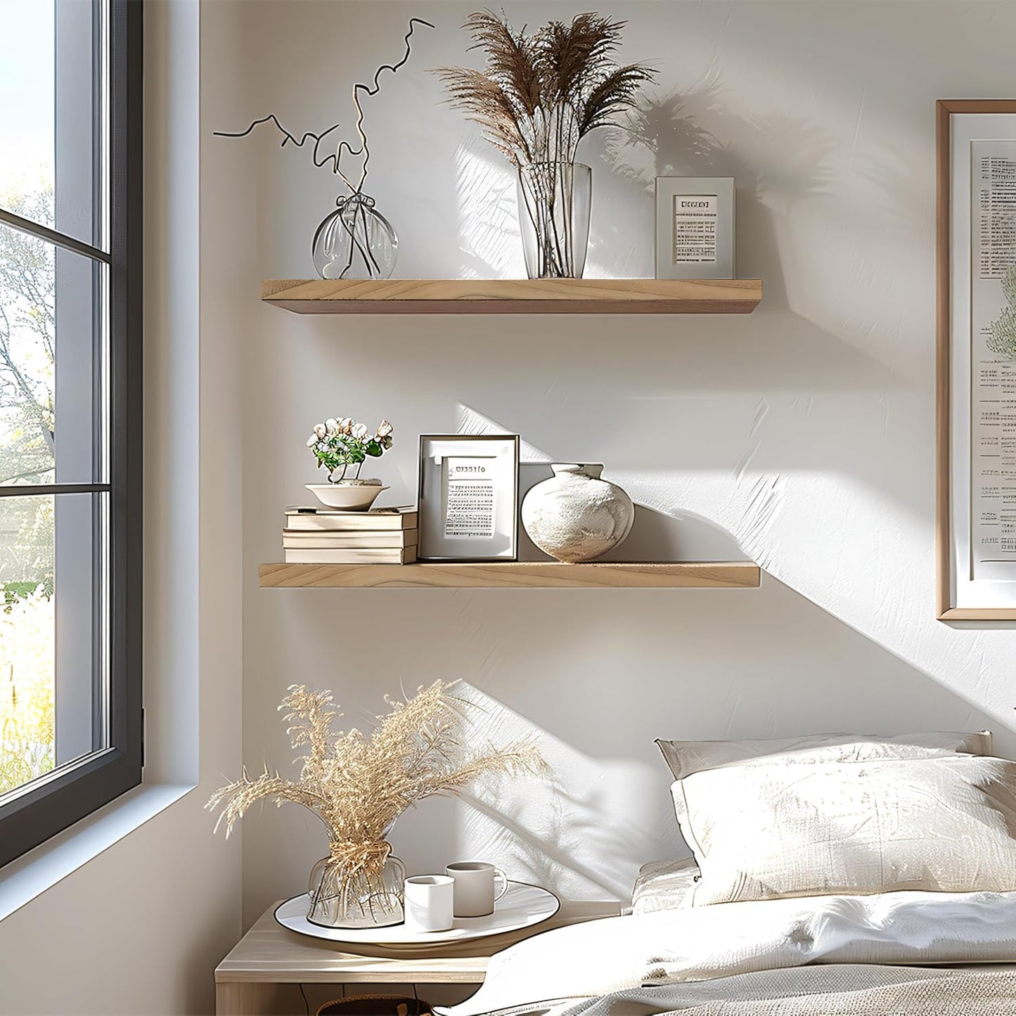 24 Inch Floating Shelves for Wall Rustic Light Wood Wall Shelves for Bedroom Set of 4 - NestledHome