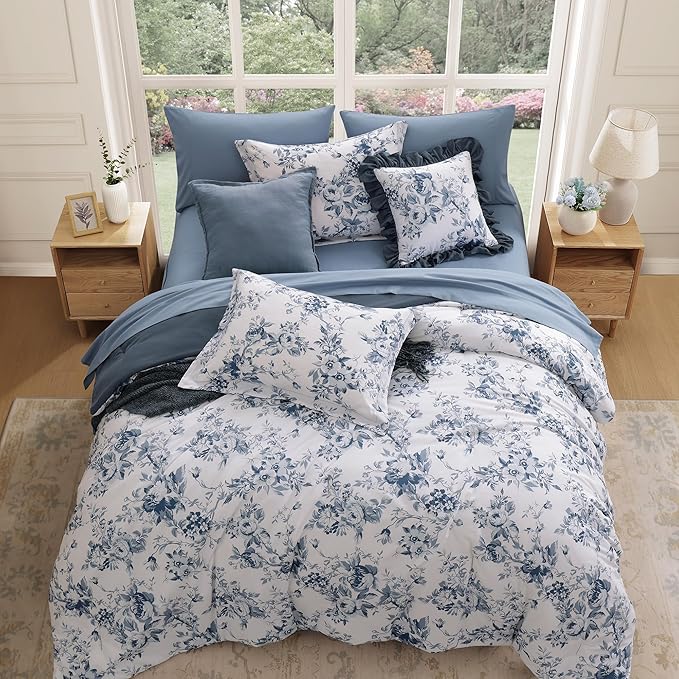 King Comforter Set -7 Pieces Floral Blue Comforter Set for All Seasons, Bed in a Bag King with Botanical Flowers Comforter, Sheets, Pillowcases & Shams