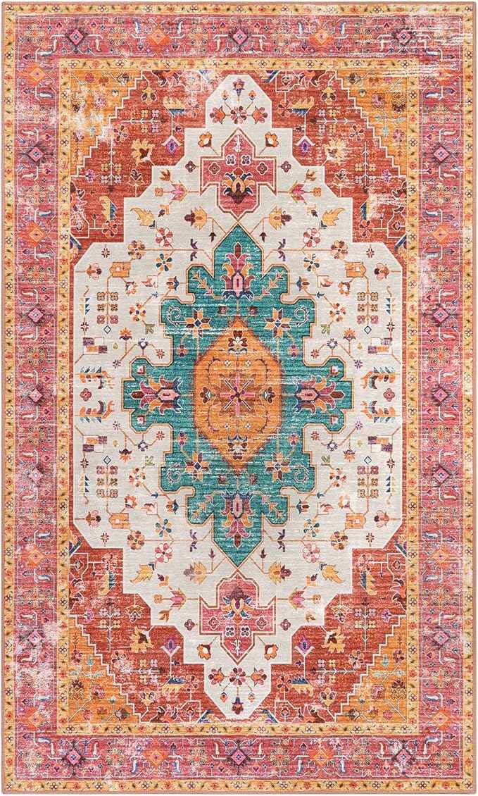 Moynesa Ultra-Thin Washable Vintage Area Rug - 3x5 Boho Girls Bedroom Non-Slip Non-Shedding Oriental Medallion Living Room Mat Indoor Carpet for Office Nursery Room, Pink/Teal/Multi