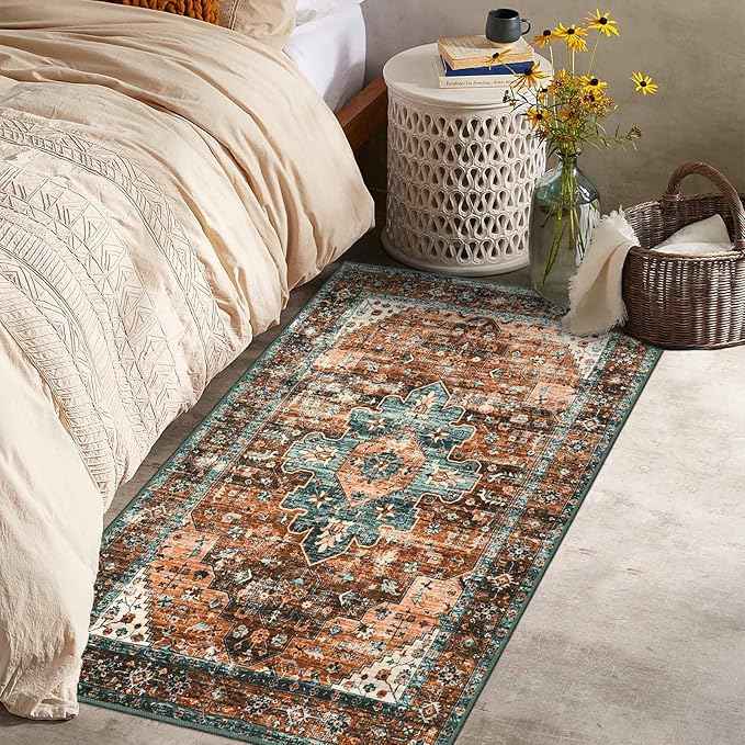 Moynesa Ultra-Thin Washable Vintage Area Rug - 3x5 Boho Non-Slip Entryway Rug Oriental Medallion Living Room Rug Entrance Mat Carpet for Kitchen Laundry Bathroom Bedroom, Brick Red/Dull Teal