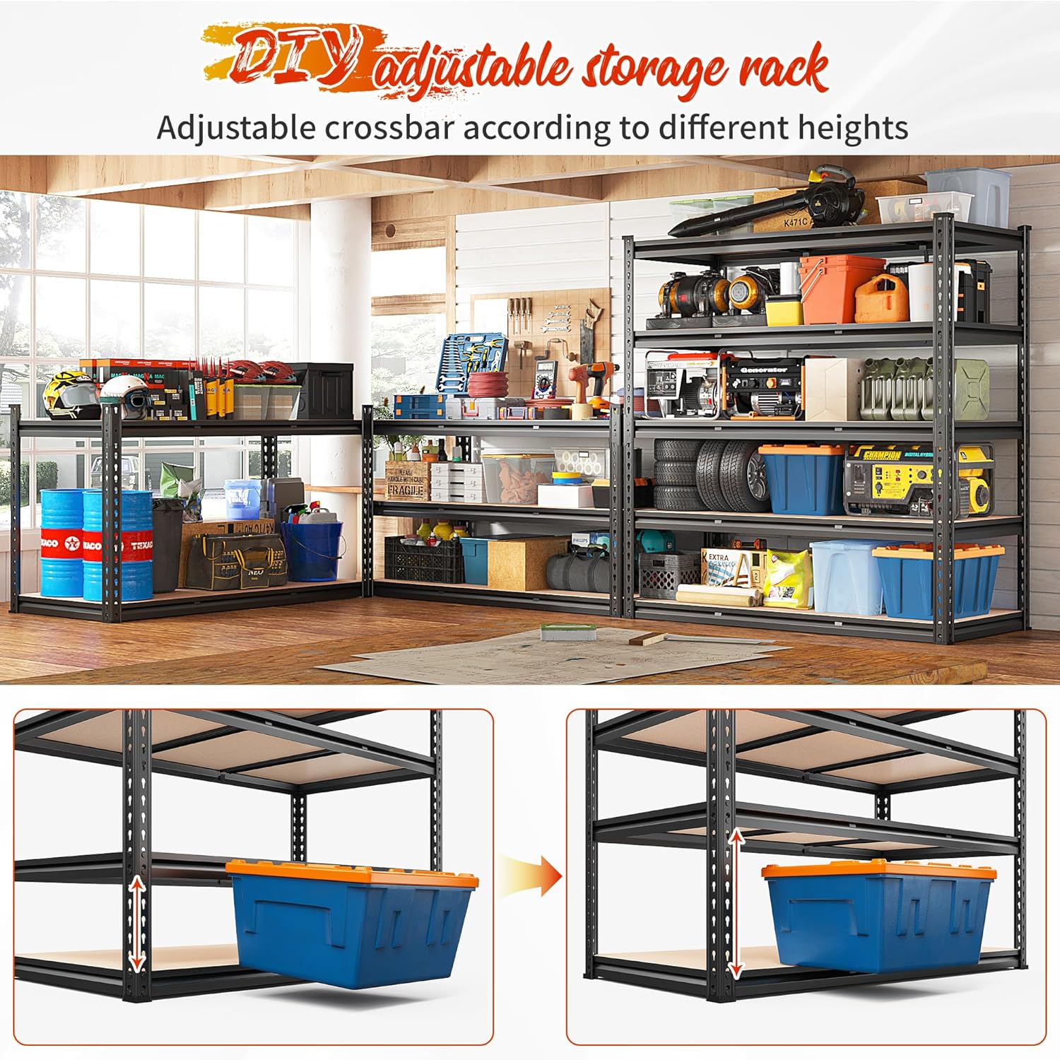 REIBII 48" W Garage Shelving Heavy Duty 3020LBS Storage Shelves 5 Tier Heavy Duty Shelving Adjustable Garage Shelves for Basement, Warehouse, Commercial, Easy Assemble, 48" W x 72" H x 24" D - NestledHome