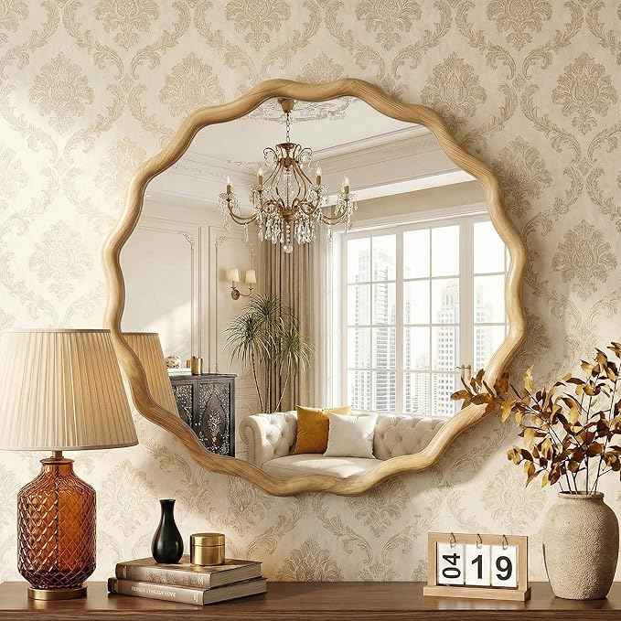 Round Wood Mirrors for Wall, 24" Boho Cirecle Wavy Mirror with Wooden Frame, Decorative Mirror with Tempered Glass, Natural Wooden Frame Vanity Mirror for Bedroom, Living Room, Entryway