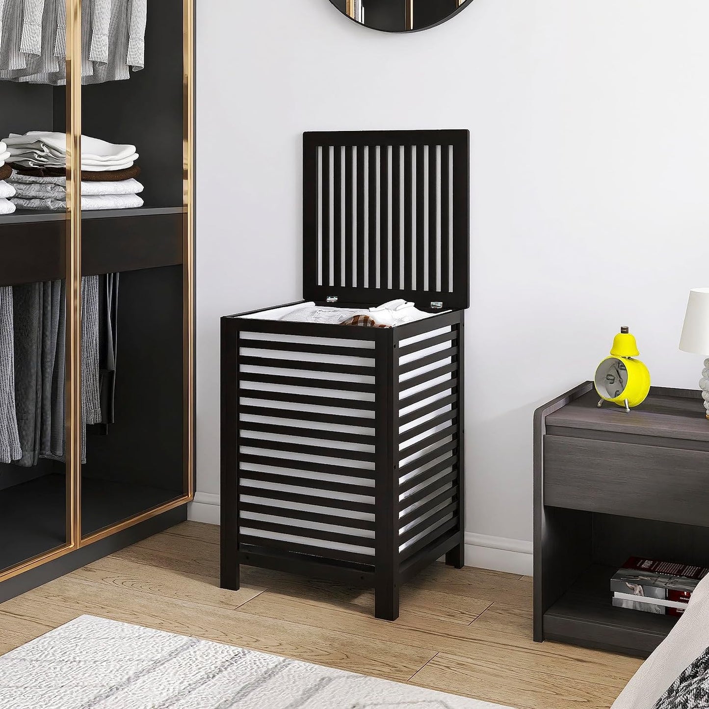 SMIBUY Double Laundry Hamper with Lid, 120L Bamboo Laundry Basket with Removable Liner Bag, 2-Section Clothes Divider Laundry Sorter for Laundry Room, Bathroom, Bedroom (Black) - NestledHome