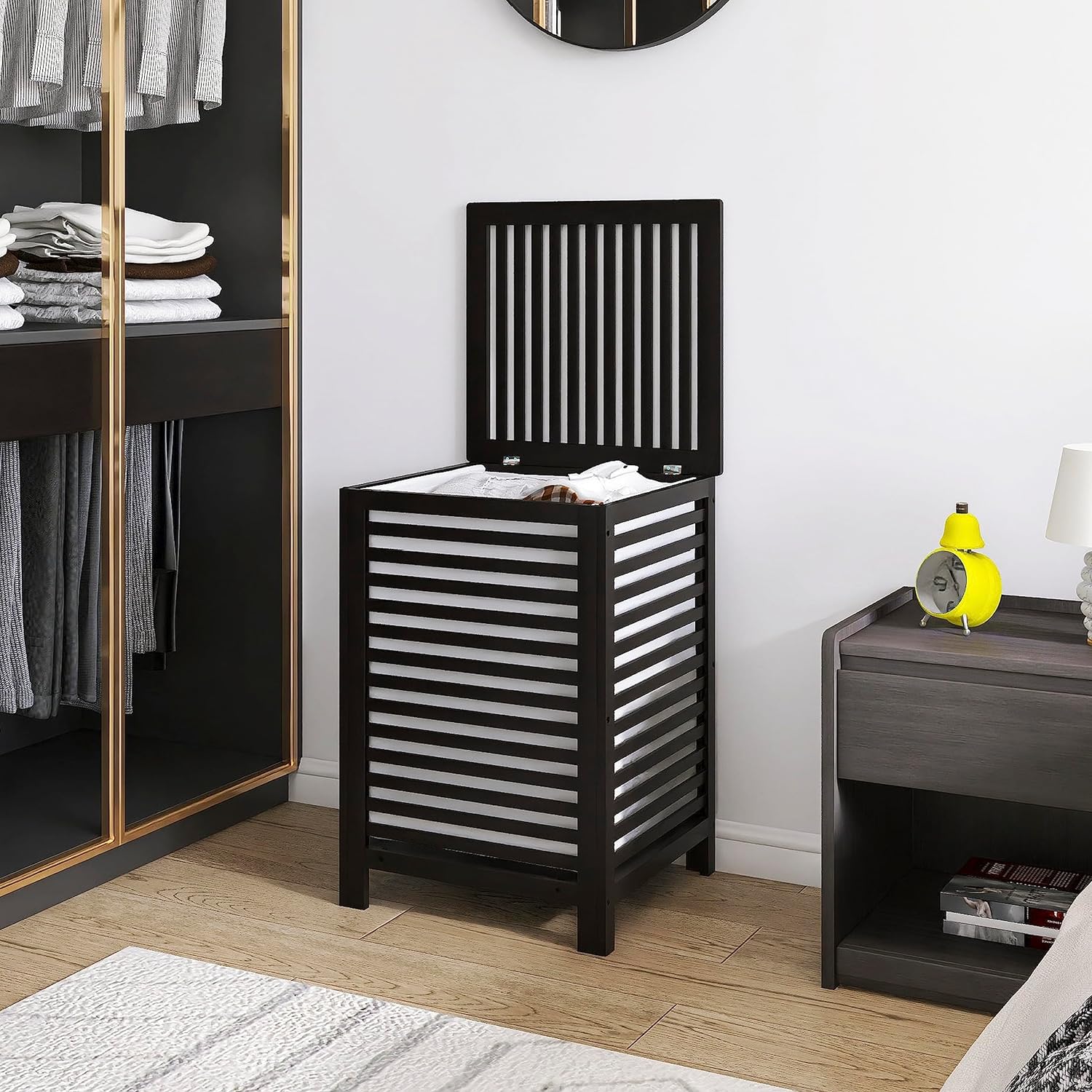 SMIBUY Double Laundry Hamper with Lid, 120L Bamboo Laundry Basket with Removable Liner Bag, 2-Section Clothes Divider Laundry Sorter for Laundry Room, Bathroom, Bedroom (Black) - NestledHome