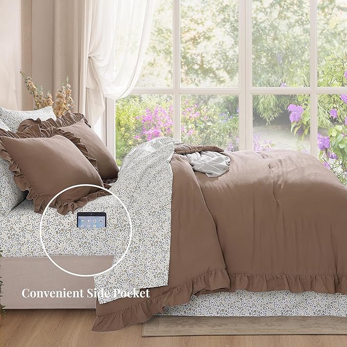 King Comforter Set - 7 Pieces Ruffle Amber Brown Bedding Sets, Shabby Chic Farmhouse Bed in a Bag with Ruffle Comforter, Floral Sheets, Pillowcases & Shams