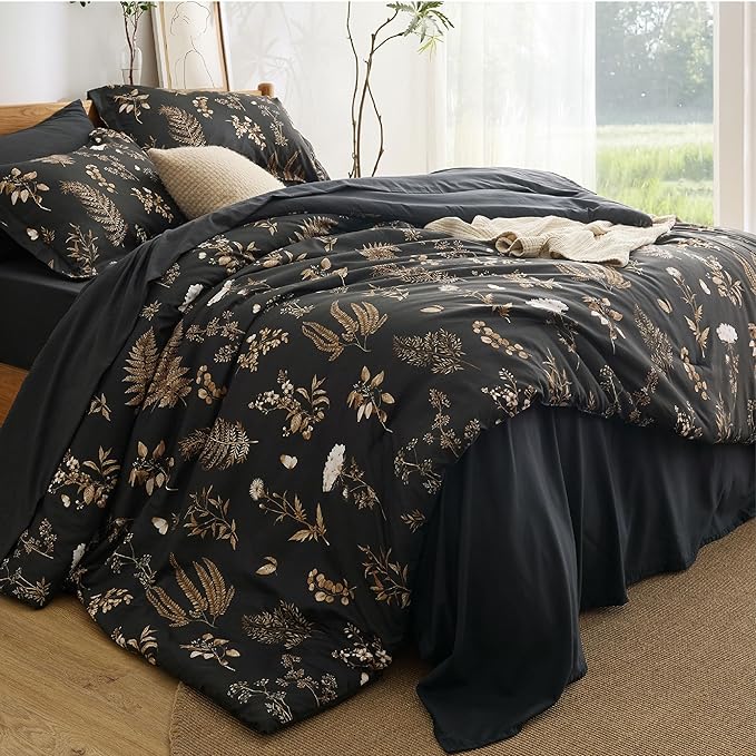Bedsure Black Full Comforter Set - 7 Pieces Floral Bedding Sets Full Bed in a Bag with Reversible Botanical Flowers Comforter, Sheets, Pillowcases & Shams