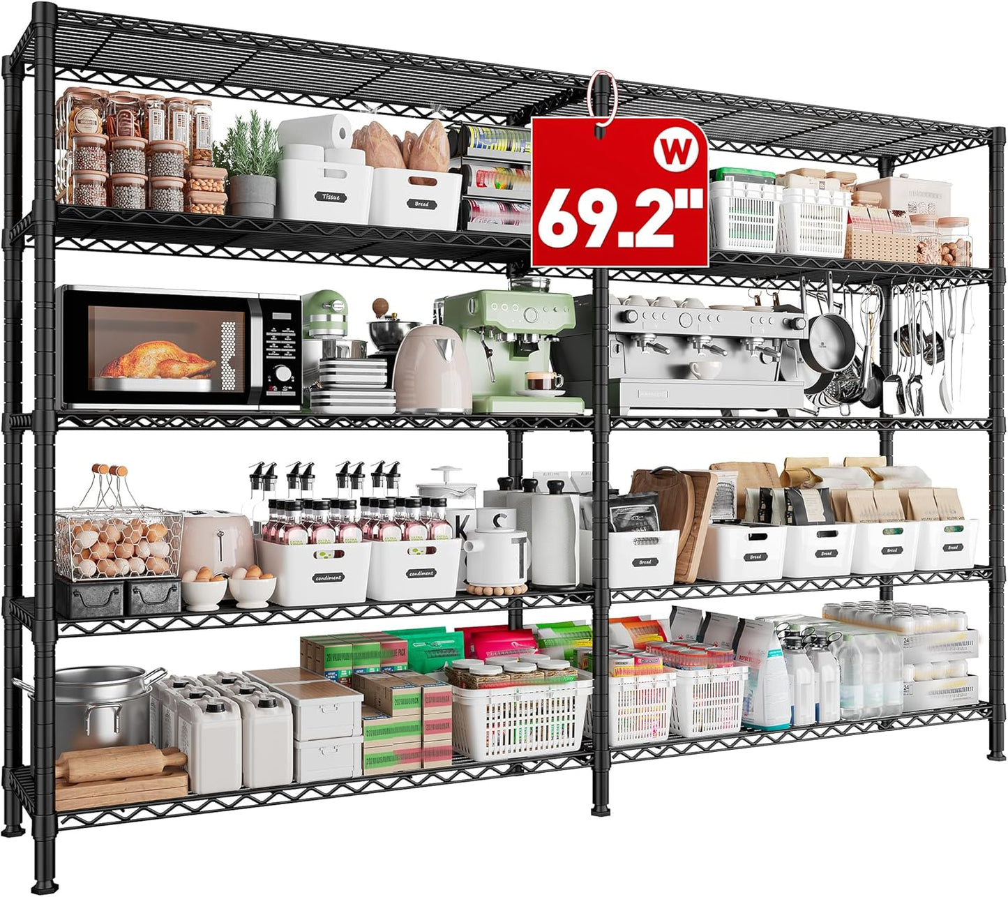 REIBII 70" W Storage Shelves Heavy Duty Load 1600LBS, Metal Shelving 5-Tier Wire Shelving Unit Metal Shelves for Storage Adjustable Shelving Rack for Pantry Kitchen 70" W*15.8" D*72.4" H, 2 Pack - NestledHome
