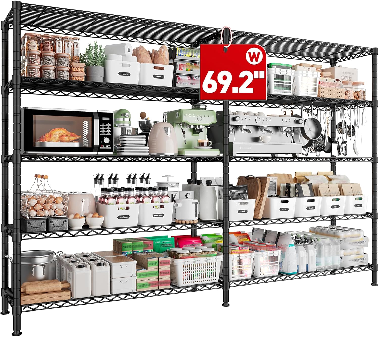 REIBII 70" W Storage Shelves Heavy Duty Load 1600LBS, Metal Shelving 5-Tier Wire Shelving Unit Metal Shelves for Storage Adjustable Shelving Rack for Pantry Kitchen 70" W*15.8" D*72.4" H, 2 Pack - NestledHome