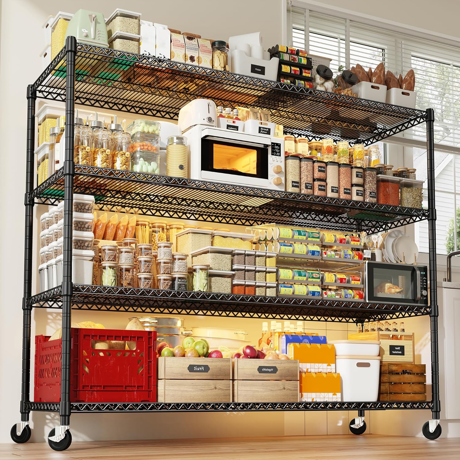 REIBII 60''W Storage Shelves 2399LBS Garage Shelving Heavy Duty with Wheels & Feet, 4 Tier Wire Shelving Adjustable Metal Shelving for Pantry Garage Kitchen Commercial Industrail, 60"W x 18"D x 65.5"H - NestledHome