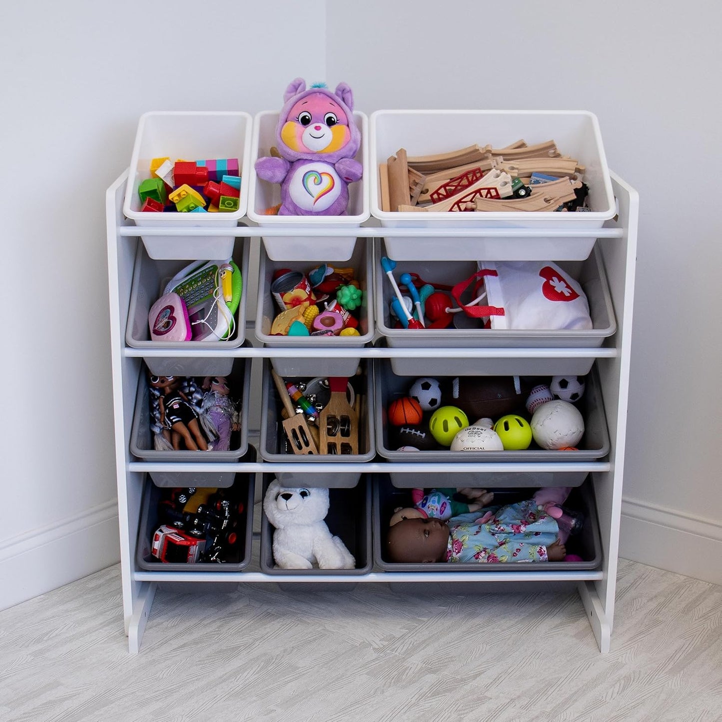 12-Bin Toy Organizer – White/Grey Gradient Ombre Frame with Chalkboard, Eraser & Chalk, Multi-Tier Storage for Kids' Playrooms and Nurseries - NestledHome